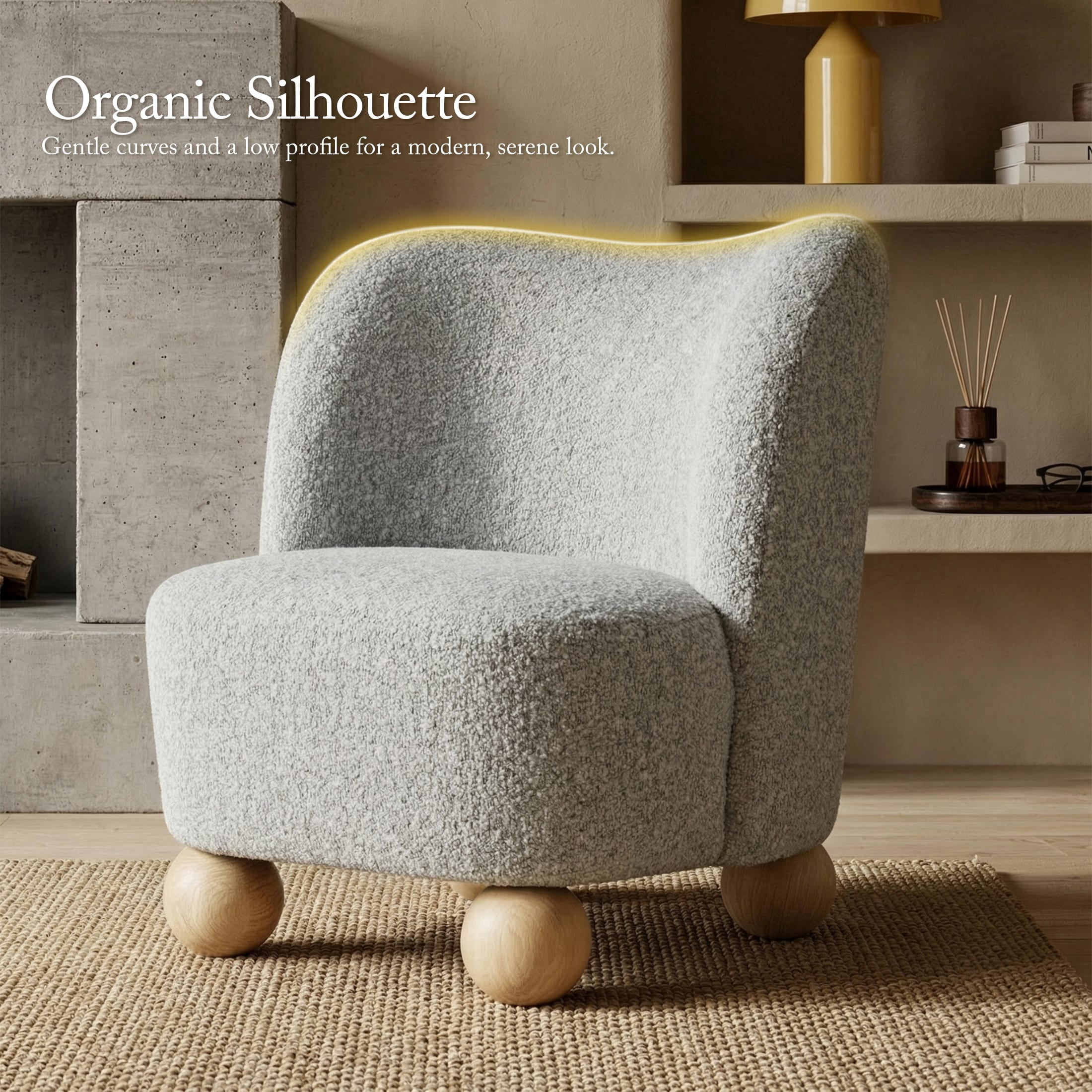 Aenkyo Contemporary Boucle Armless Accent Chair with Sculptural Wood Ball Feet, Gray