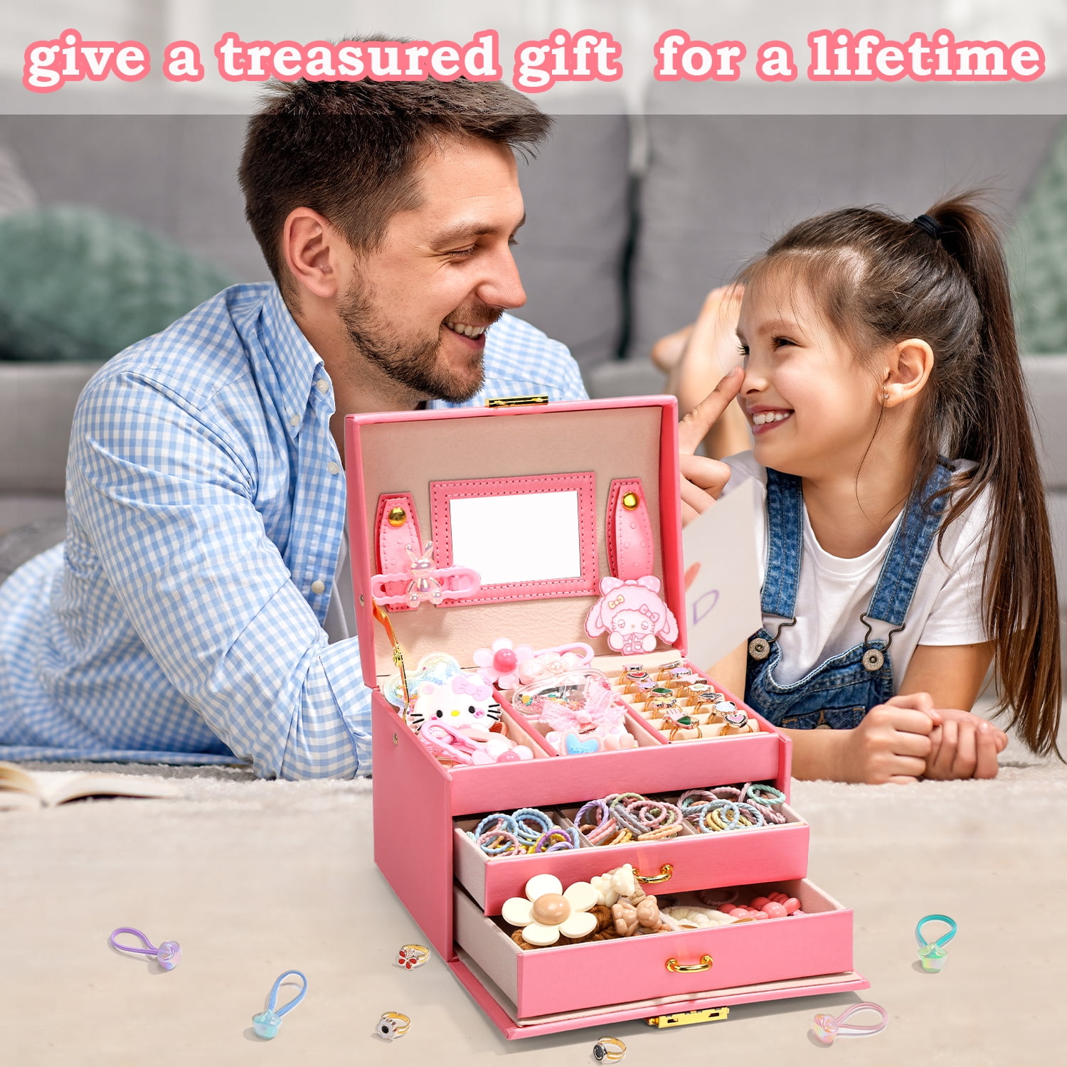 JoyStone 3 Layer Leather Jewelry Box Built-in Mirror, Portable Travel Jewelry Storage Case with Lock, Gift Jewelry Case for Women Girls,Pink