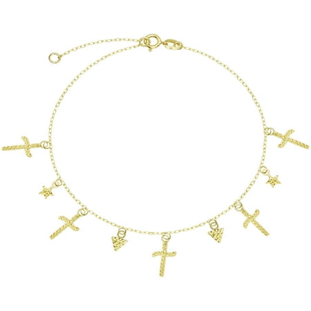 American Designs 14kt Yellow Gold Diamond-Cut Cross, Religious, Heart, Arrow Charm Dangle Bracelet 7-8 Chain Adjustable