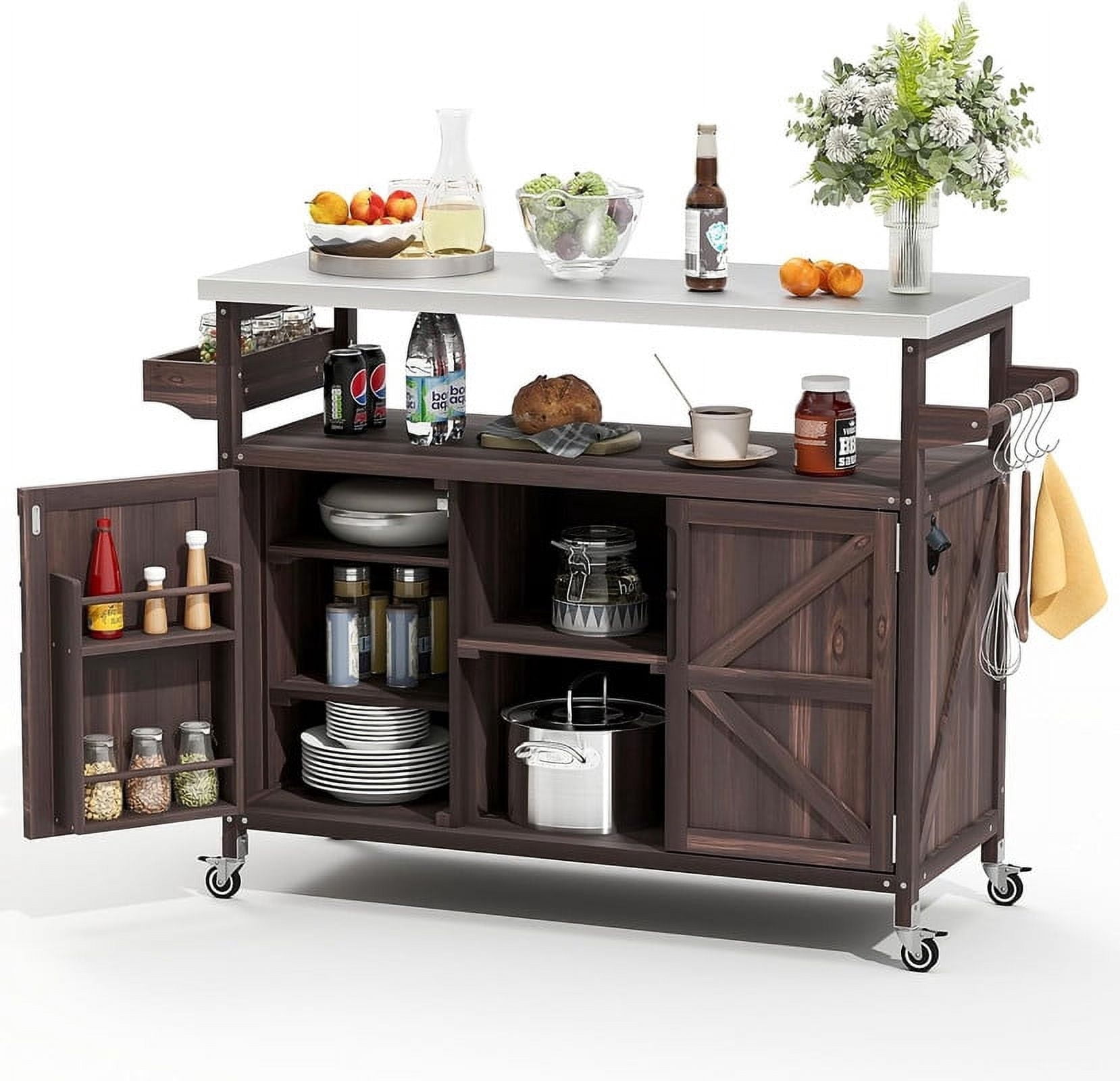 ZIVACATE Outdoor Grill Cart With Storage Solid Wood Kitchen Island on Wheel Stainless Steel Tabletop