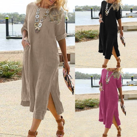 Joernso Fashion Dress O Neck Lightweight All-match Slit Hem Long Dress Women Clothes