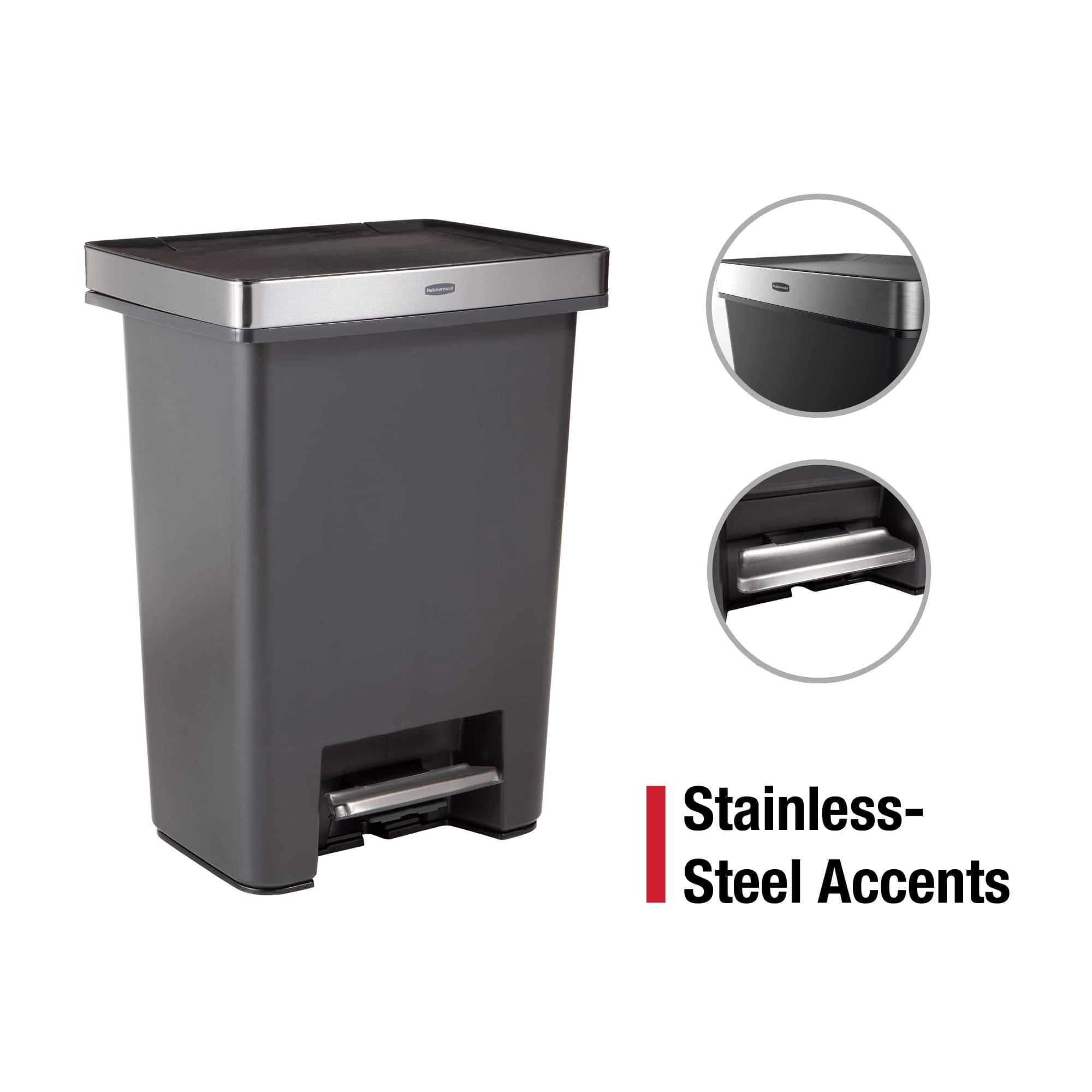 Rubbermaid Kitchen Trash Can, 19 Gallon Stainless Steel Dual Compartment Step Garbage Bin, Charcoal