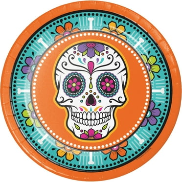 Orange and Teal Blue Day of the Dead Halloween Dinner Plates 8.75"