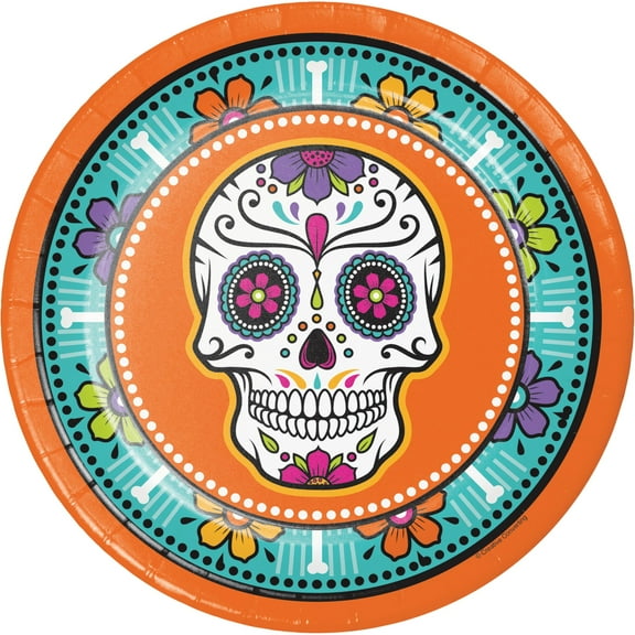 Orange and Teal Blue Day of the Dead Halloween Dinner Plates 8.75"