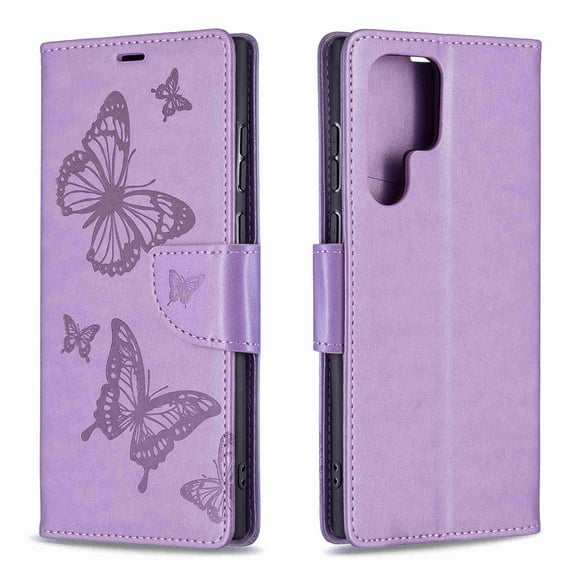Dteck Case for Samsung Galaxy S22 Ultra 5G, [Kickstand][Wrist Strap][Card Holder Slots] Butterfly Floral Embossed PU Leather Flip Cover for Samsung Galaxy S22 Ultra 5G - Violet
