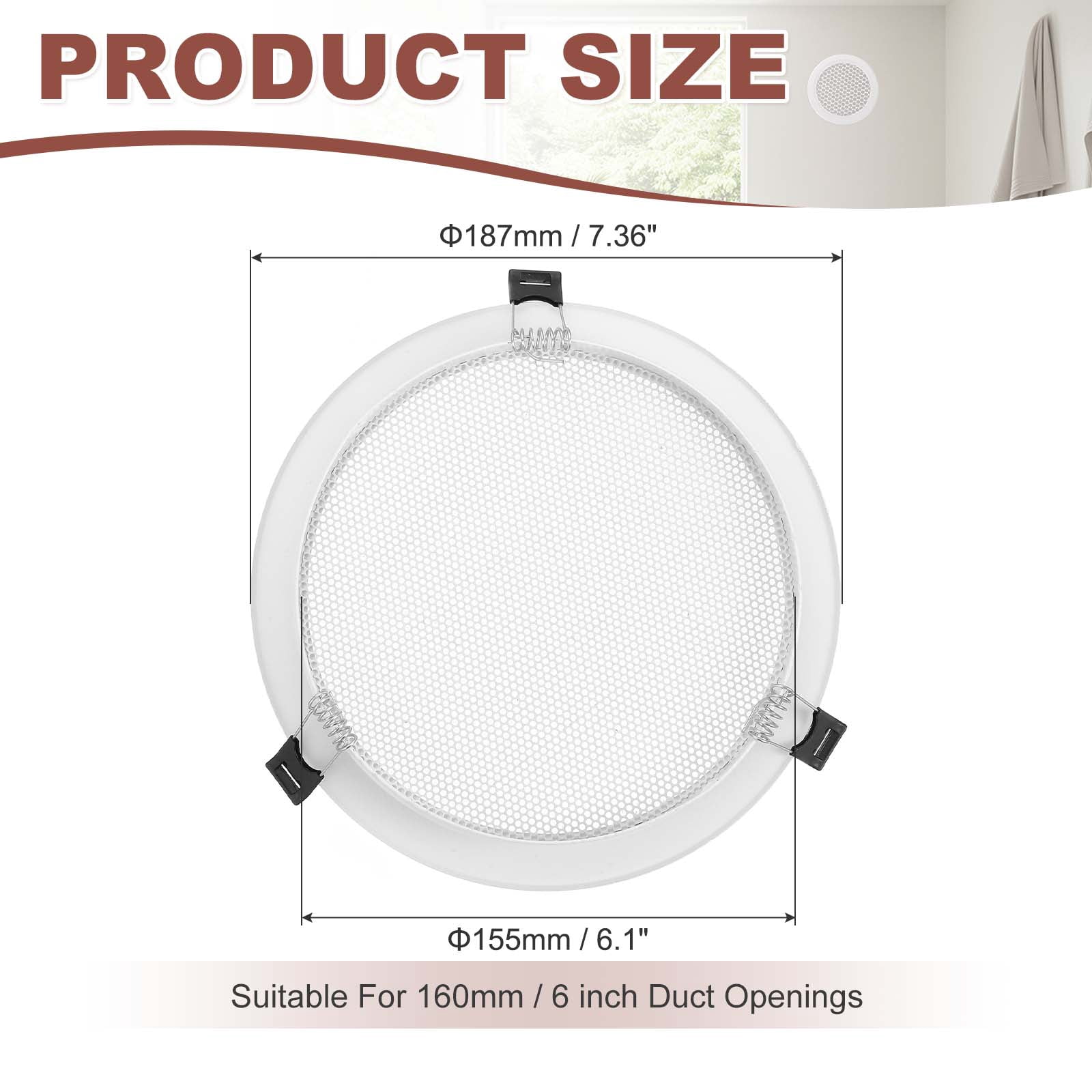 Uxcell Round Ceiling Vent Cover (160mm / 6" Duct Opening Size) - Aluminum Alloy Ceiling Air Grille Soffit Exhaust Vent Micro Hole Mesh Cover Plate for Bathroom Home Kitchen, White