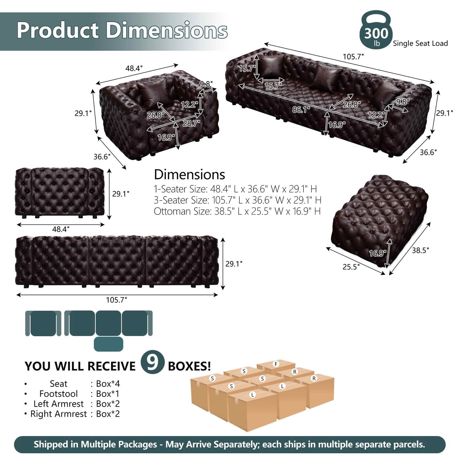 MAYEERTY 4‑Seat Faux‑Leather Modular Sofa Set, Handcrafted Button Tufted Couch with Ottoman & 4 Pillows for Living Room & Small Apartment