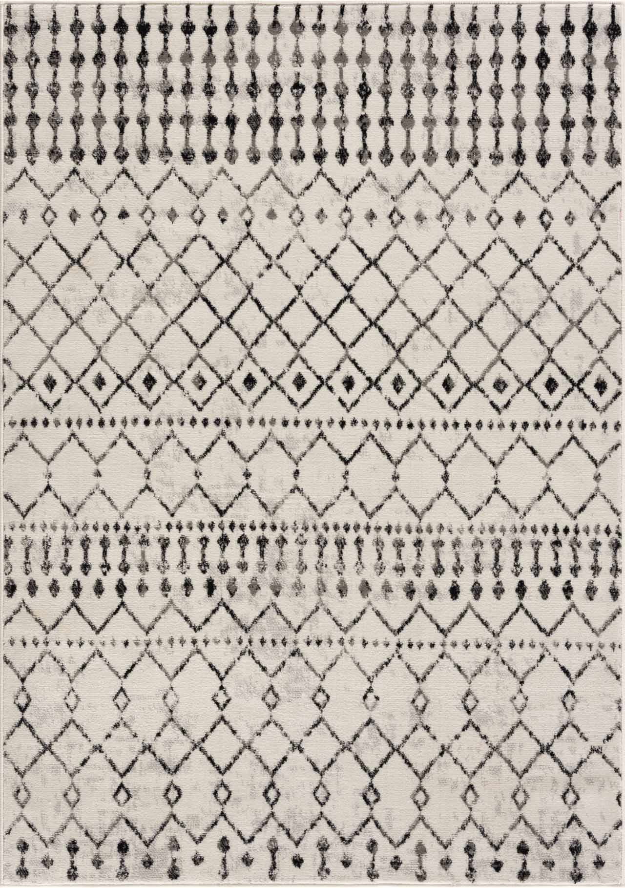 Hauteloom Cowplain Farmhouse Moroccan Geometric Area Rug - Boho Aztec Tribal Carpet for Living Room, Bedroom, Dining Room - Cream, Black, Beige, Gray - 6'7" Square Rug
