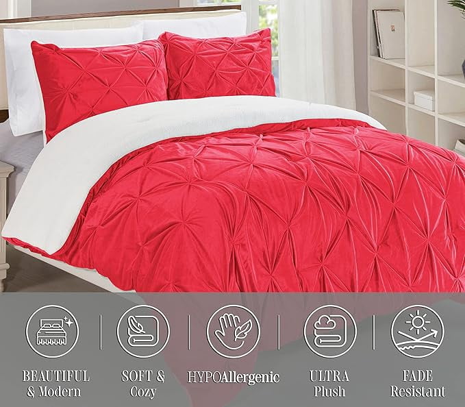 Elegant Comfort 3-Piece Set Pinch Pleated Sherpa Comforter Reversible and Luxurious. Fresh, Comfy Fabric, Pinch Pleated Sherpa Comforter, Queen, Bright Red