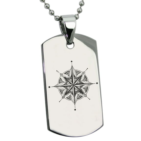 Tioneer Stainless Steel Nautical Mandala Lotus Compass Engraved Dog Tag Pendant Necklace