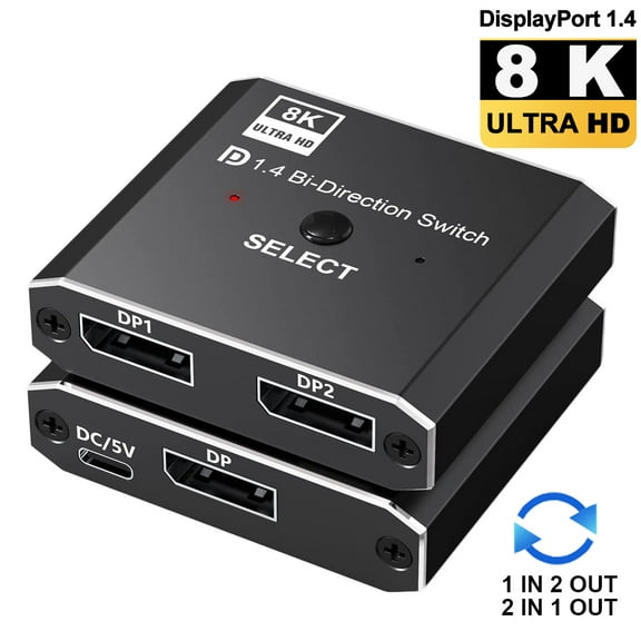 DisplayPort Switch DP 1.4 Switcher 8K,AUBEAMTO DisplayPort 1.4 Switch 2 in 1 Out Bi-Directional 8K@30Hz/4K@120Hz/1080P @ 240Hz DP KVM Splitter 1 in 2 Out(not Work simultaneously)