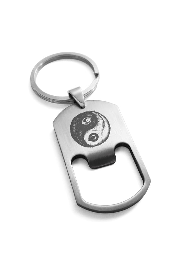 Stainless Steel Peacock Feather Yin Yang Engraved Bottle Opener Dog Tag Keychain Keyring