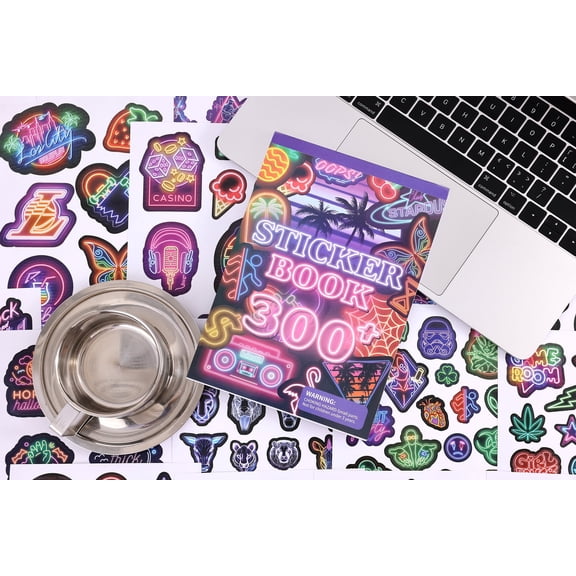 300  Pieces Cool Neon Stickers Book for Laptop Phone Case Guitar Skateboard Helmet Bike Car Decals Scrapbooking Journaling Notesbook Luggage Water Bottles, Prizes Gift for Kids Teens Classroom Reward