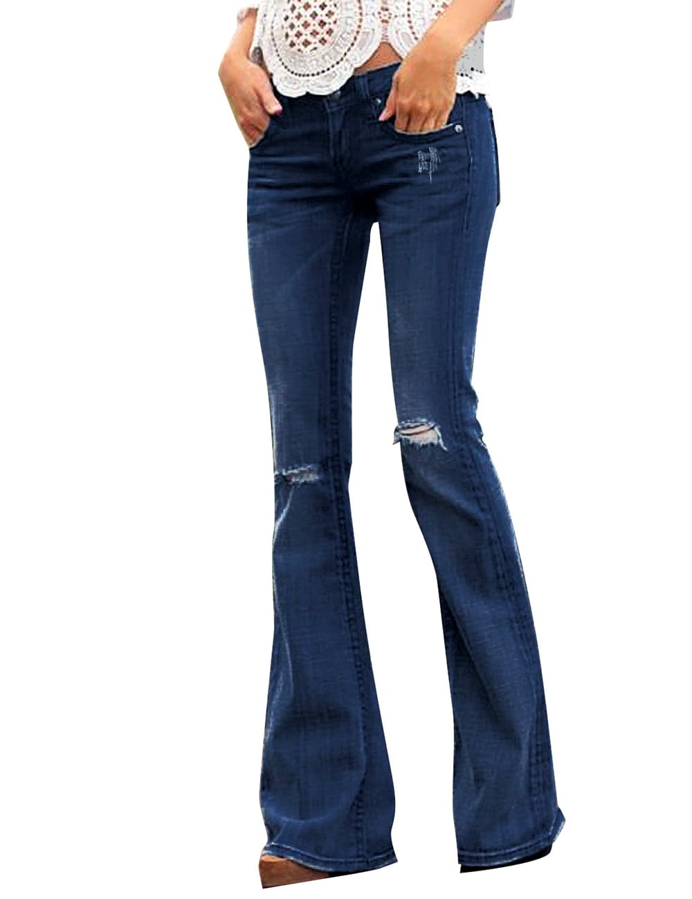 luvamia Womens Mid Rise Flare Bell Bottom Jeans Ripped Wide Leg Denim ...