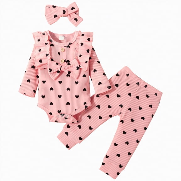 CAICJ98 Infant Newborn Baby Girl Clothes Fall Winter Outfits Ruffled Long Sleeve Romper Pants Set Headband Toddler Clothing 3Pcs (Pink,0-3 Months)