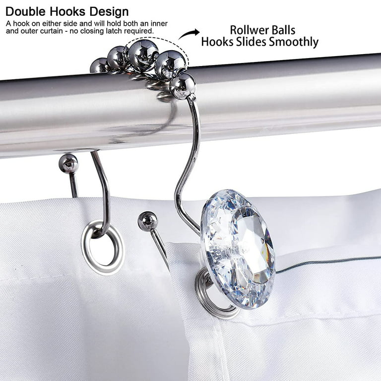 Crystal Shower Curtain Hooks for Bathroom, 12pcs Bling Rhinestone Double  Glide Shower Curtain Rings, Stainless Steel Rustproof Bathroom Accessories  Decor, Clear 