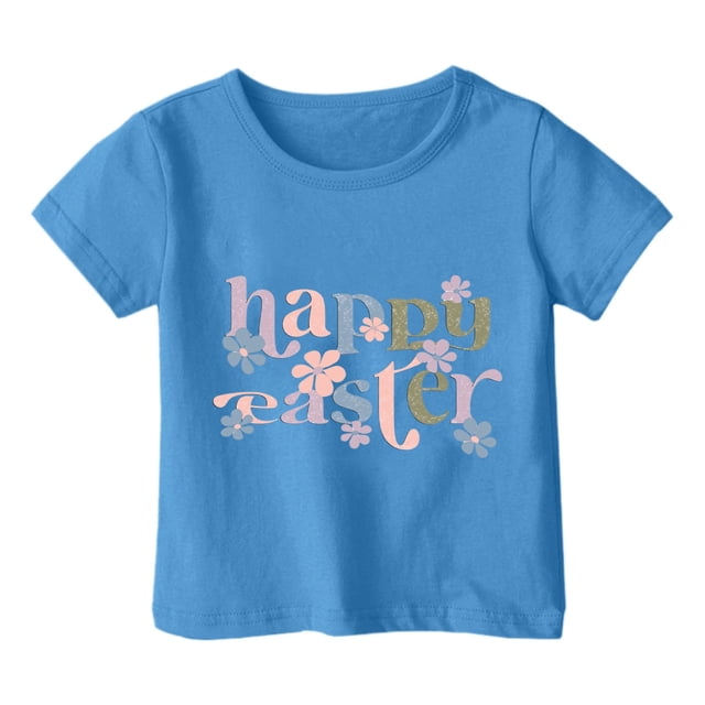 PMVFHDE T-Shirt pour Filles T-Shirts Graphiques Mignons Hauts d'Été pour Filles Enfants Pâques T-Shirt Graphique Mignon Col Rond Manches Courtes T-Shirt Décontracté d'Été Bleu, 2-3 Ans