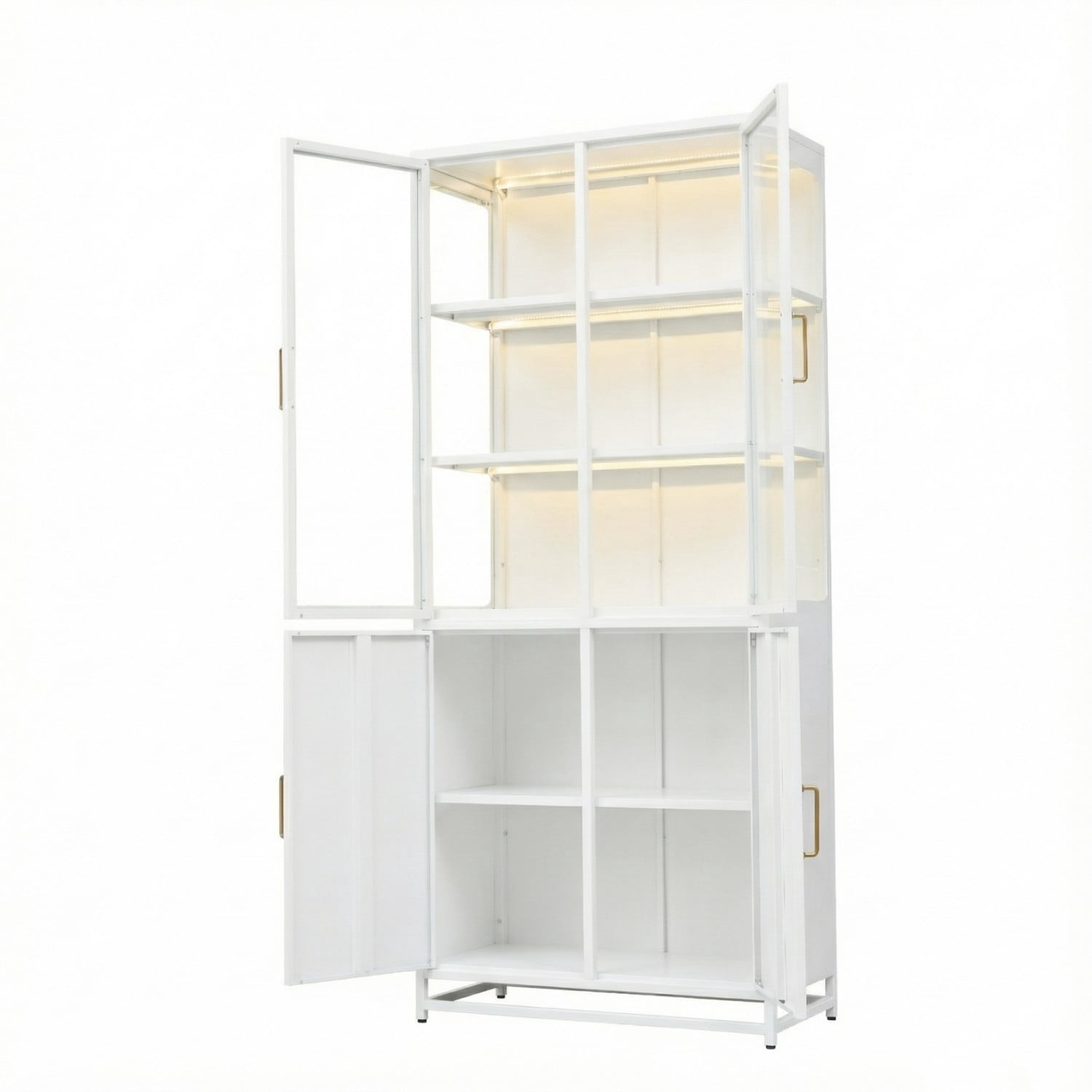 76.75" Tall Glass Display Cabinet with LED Lights, Steel Curio Cabinet with 3-Sided Glass, Double Door Storage Cabinet for Kitchen Living Room Office Pantry Home Decor, White