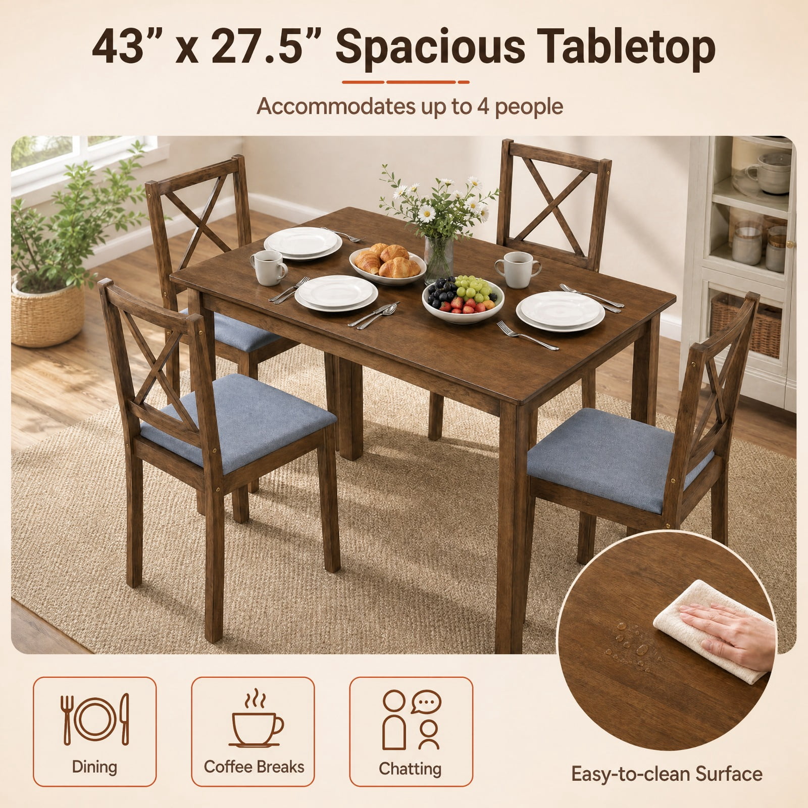 Furnibear 5 Piece Dining Table Set with Rectangular Table and Upholstered Fabric Kitchen Chairs for Dining Room Small Space Seating, Gray
