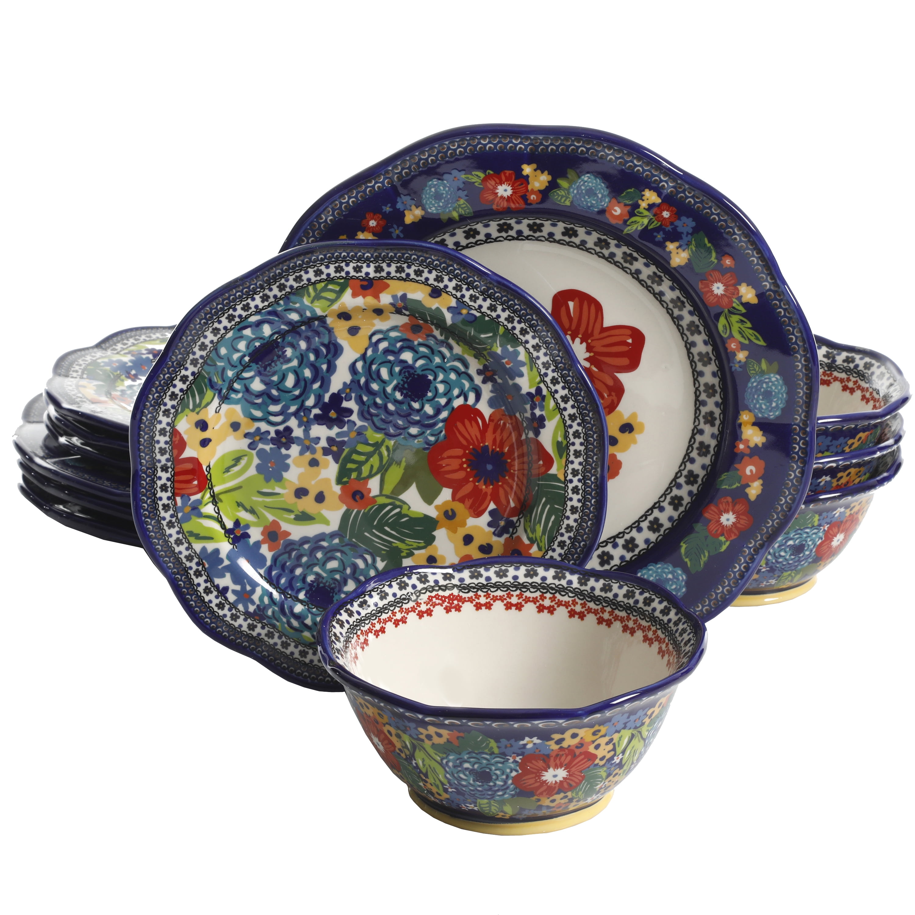 The Pioneer Woman Dazzling Dahlias 12-Piece Dinnerware Set, Cobalt