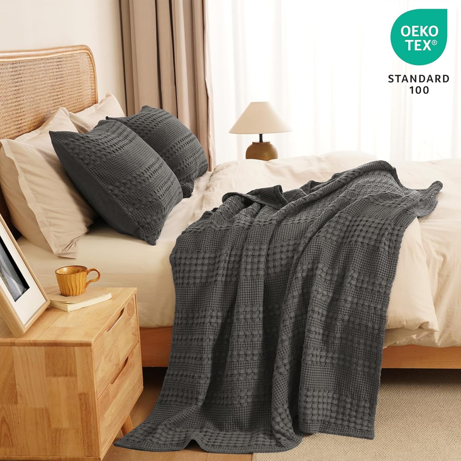 PHF 100% Cotton Waffle Weave Blanket, Lightweight Throw Washed Blanket for Bed Sofa Home Decor, Charcoal Grey, 50"x60"