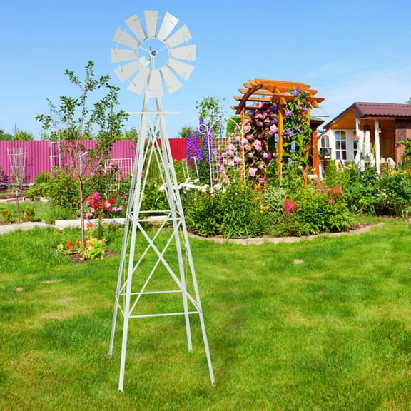 8FT Weather Resistant Yard Garden Windmill White
