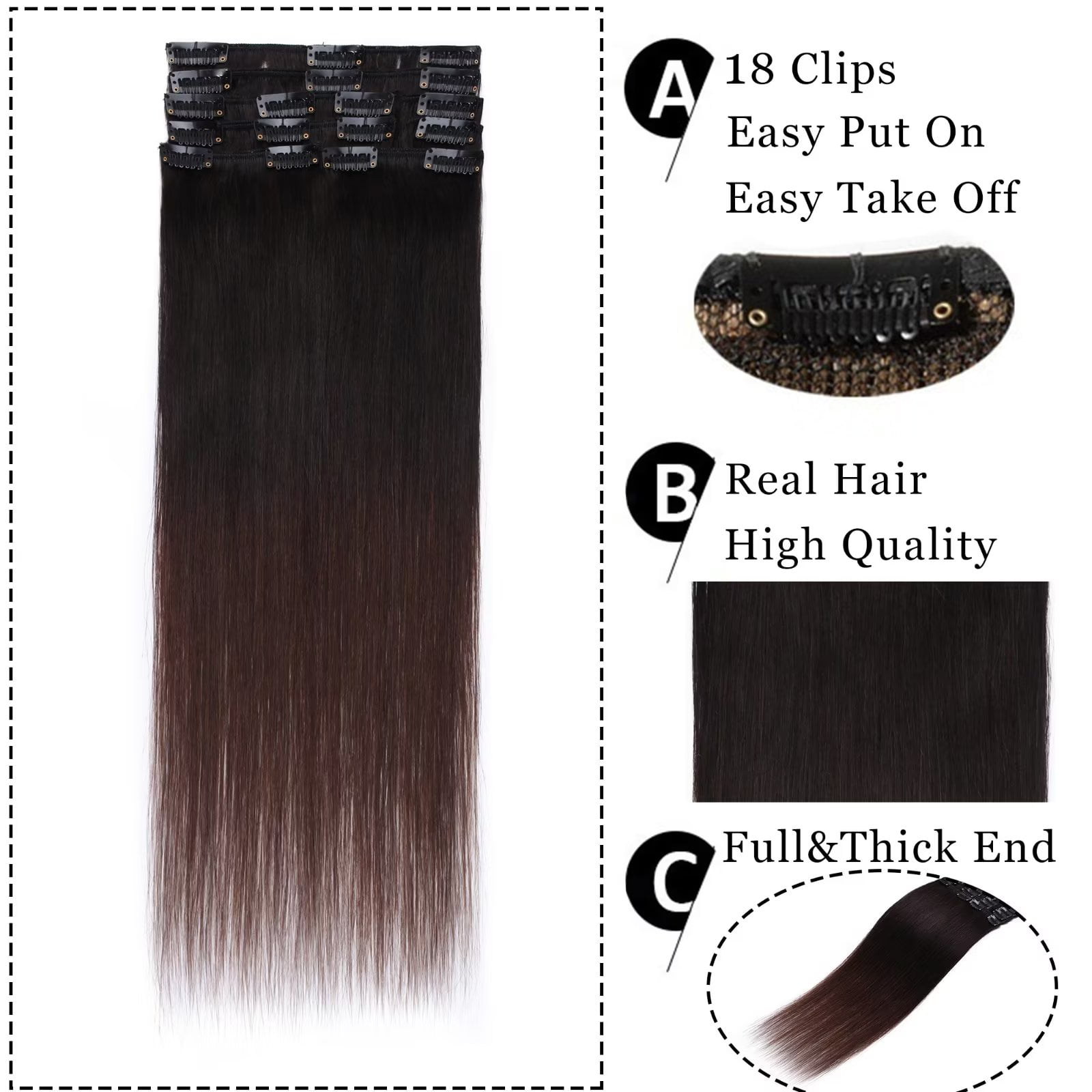 MY-LADY 8Pcs 18Clips Clip in Hair Extensions Human Hair for Women Double Weft Brazilian Remy Straight Human Hair Clip in Hairpiece 16inch #1BT4 Black Brown to Medium Brown