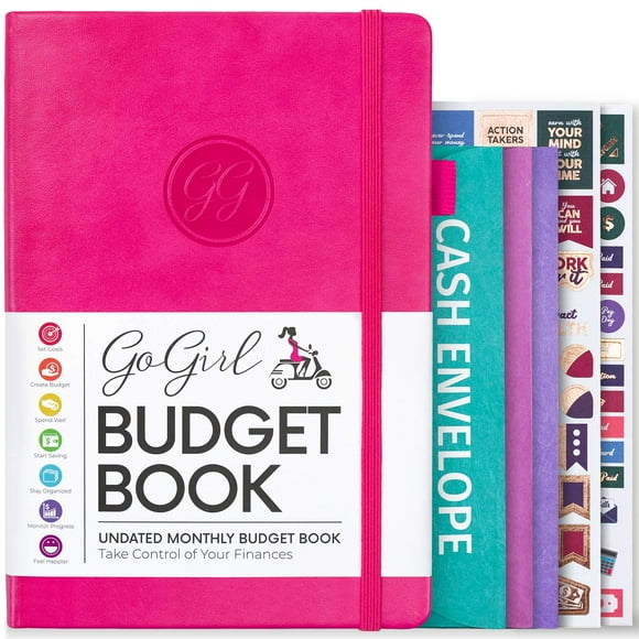 GoGirl Carnet de Budget – Planificateur Financier Mensuel Coloré Non Daté. Planificateur de Budget & Suivi des Dépenses pour Atteindre les Objectifs Financiers, Dure 1 An, +Bonus 3 Enveloppes de Cash, Couverture Rigide A5 – Rose Vif