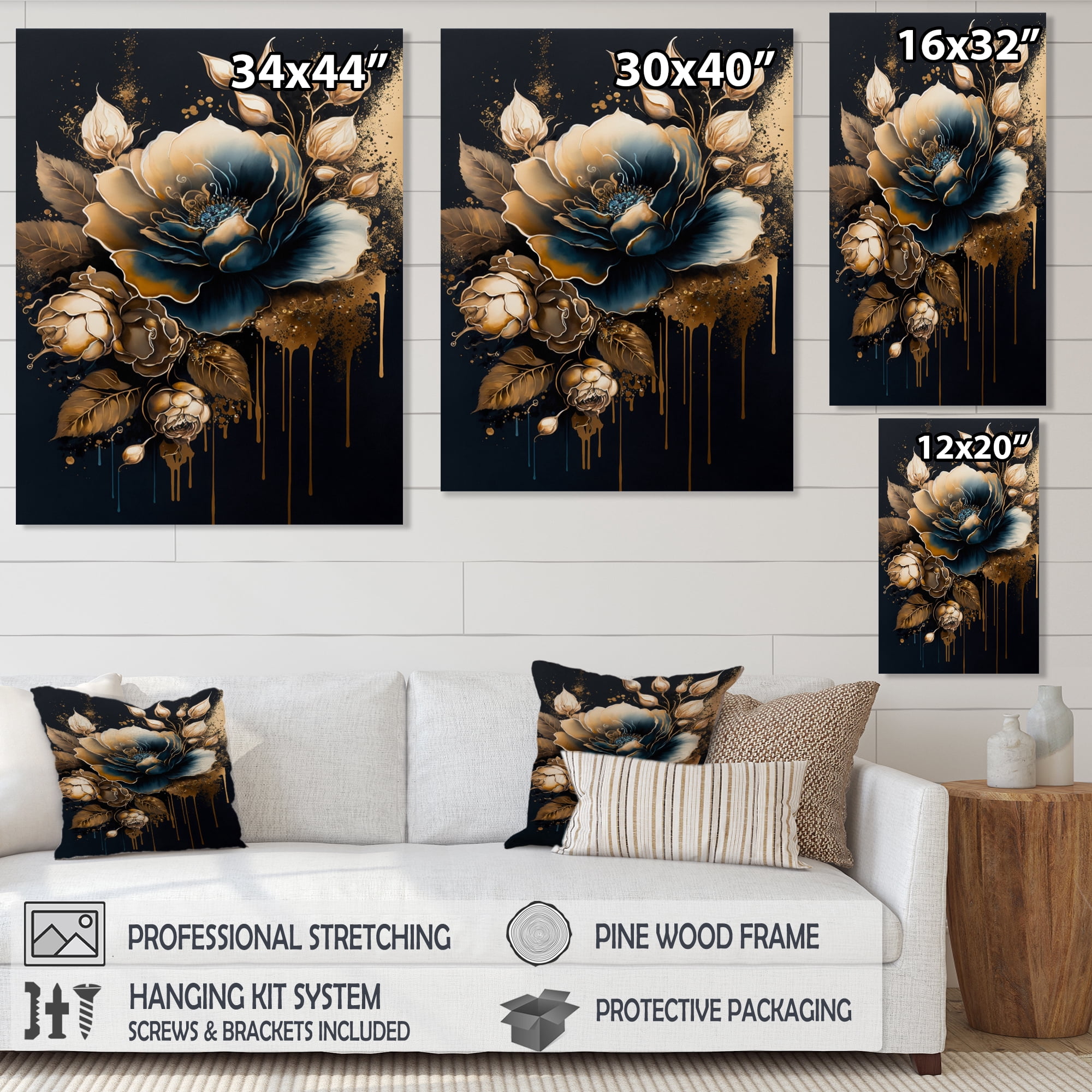 Designart Navy Blue And Gold Rose II Canvas Wall Art