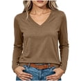 thumbnail image 3 of Sevevn Women Basic V Neck Long Sleeve Tee Solid Lightweight Curved Hem Relax Fit Daily Casual Shirts, 3 of 9