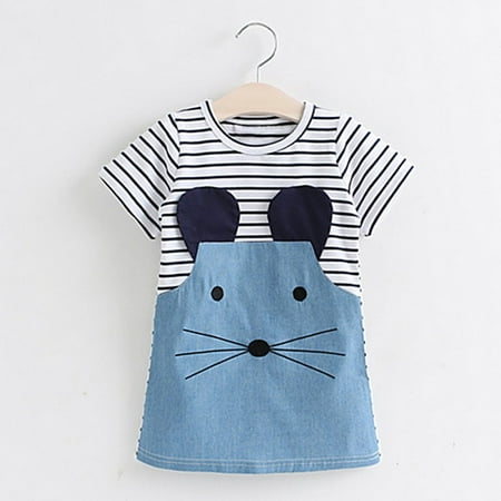 

Summer Girls Short Sleeve Dress Cartoon Stripe Colorblock Denim