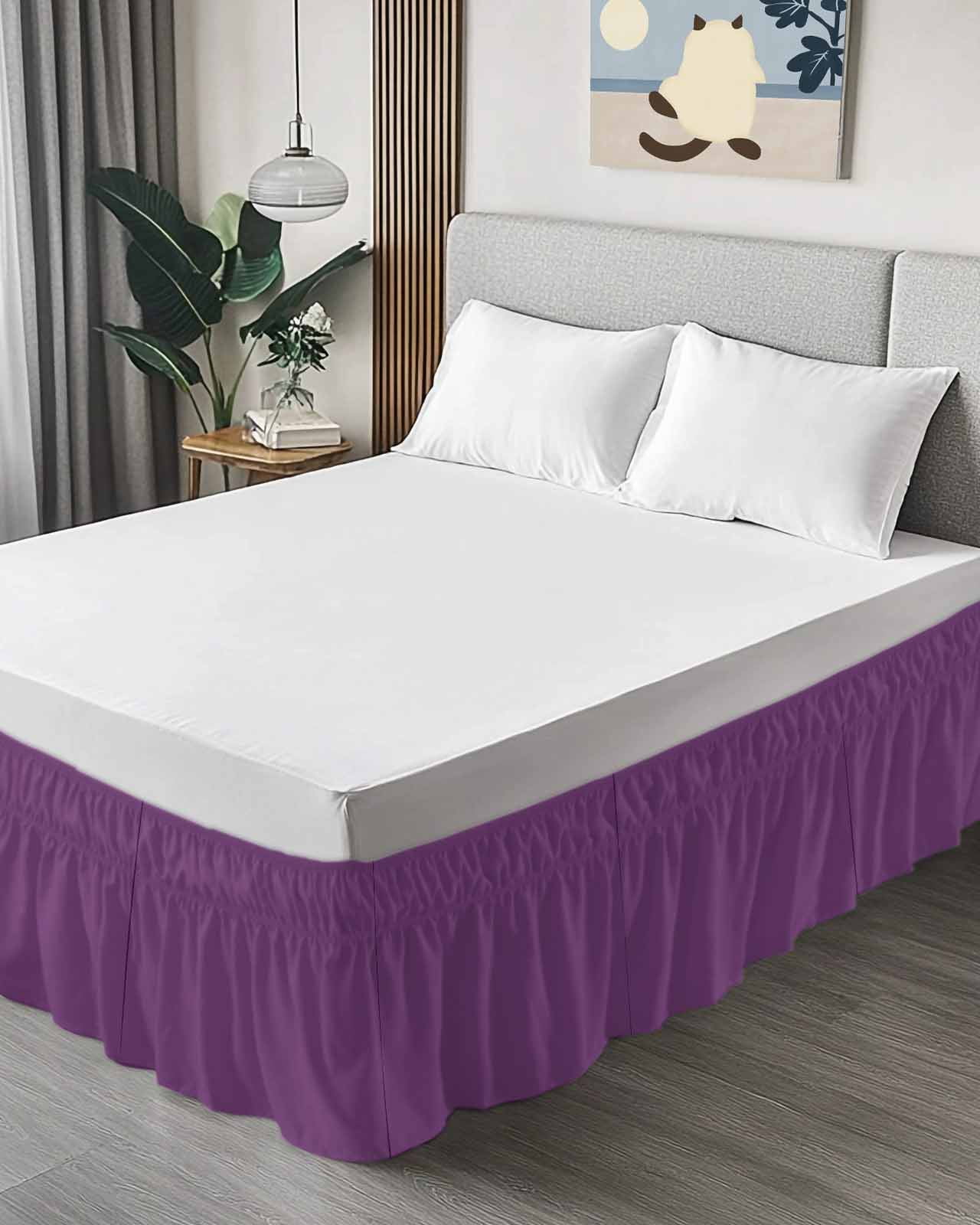 Purple Ruffle Bed Skirt Queen Size Simple Background Modern Solid Color Monochrome Adjustable Elastic Dust Bed Skirts Wrap Around Bedskirt Wrinkle Free Easy Fit with 18 Inch Drop