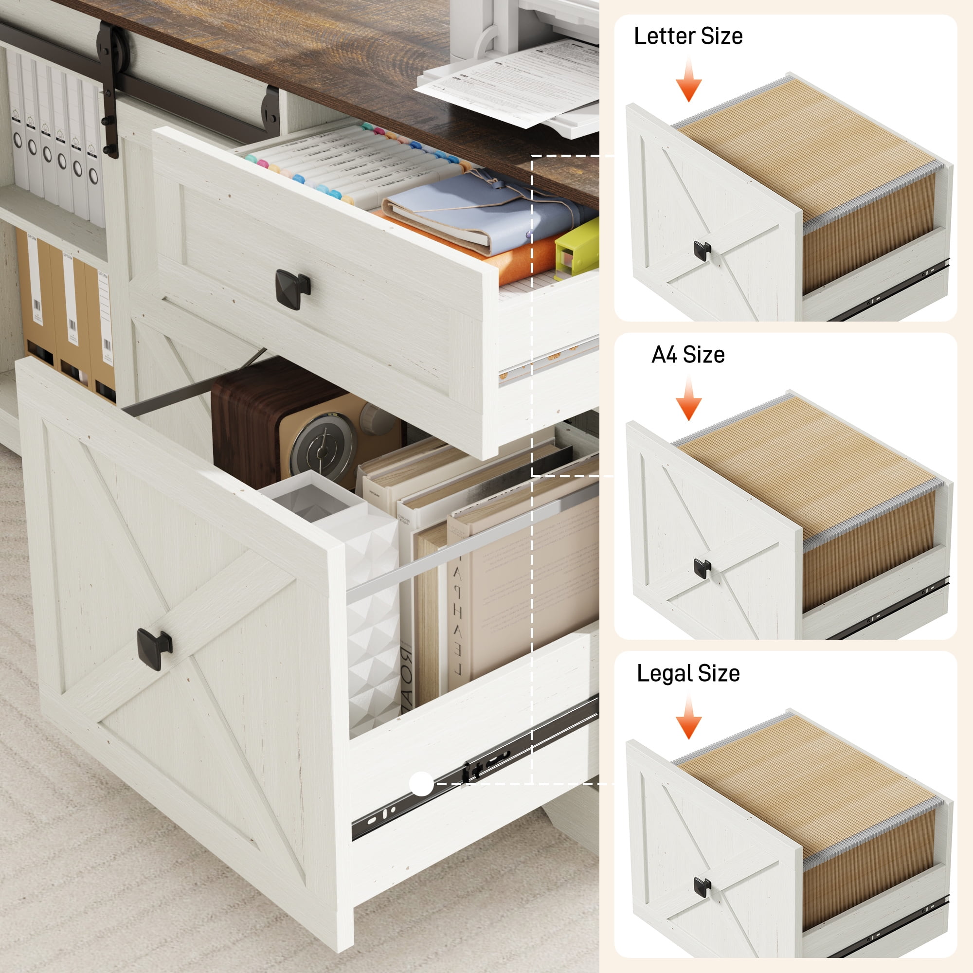 ANPOO 63" Farmhouse L Shaped Electric Standing Desk, Height Adjustable Corner Desk with Power Outlets, Storage Drawers and Adjustable Shelves, Standing Elegant Computer Desks for Home Office, White