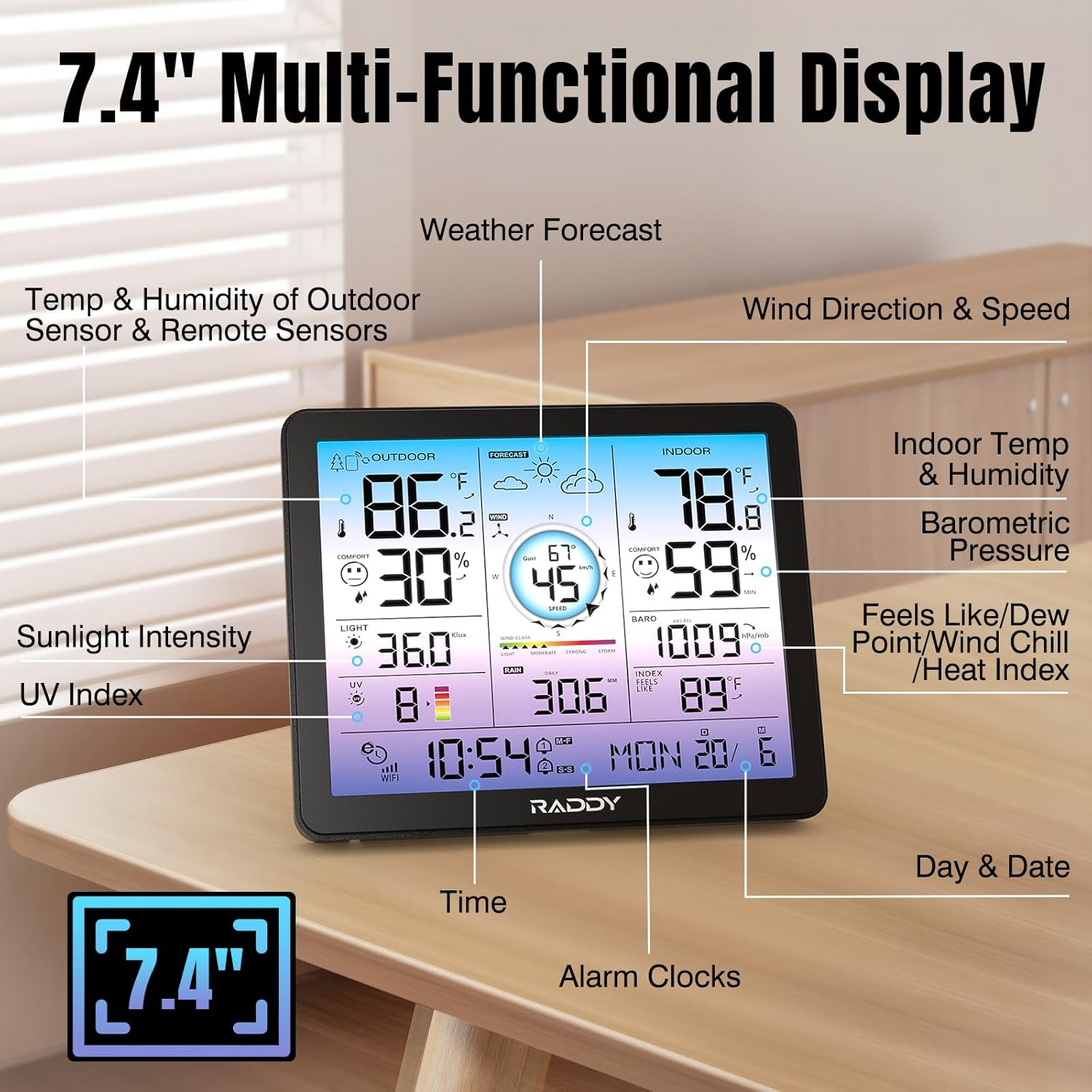 Raddy VP7 Wi-Fi Weather Station, 15-in-1 Wireless Weather Station Indoor Outdoor with Rain Gauge, Wind Speed, Temperature Humidity Monitor, Weather Forecast and Barometer, 7.4'' Digital Color Display