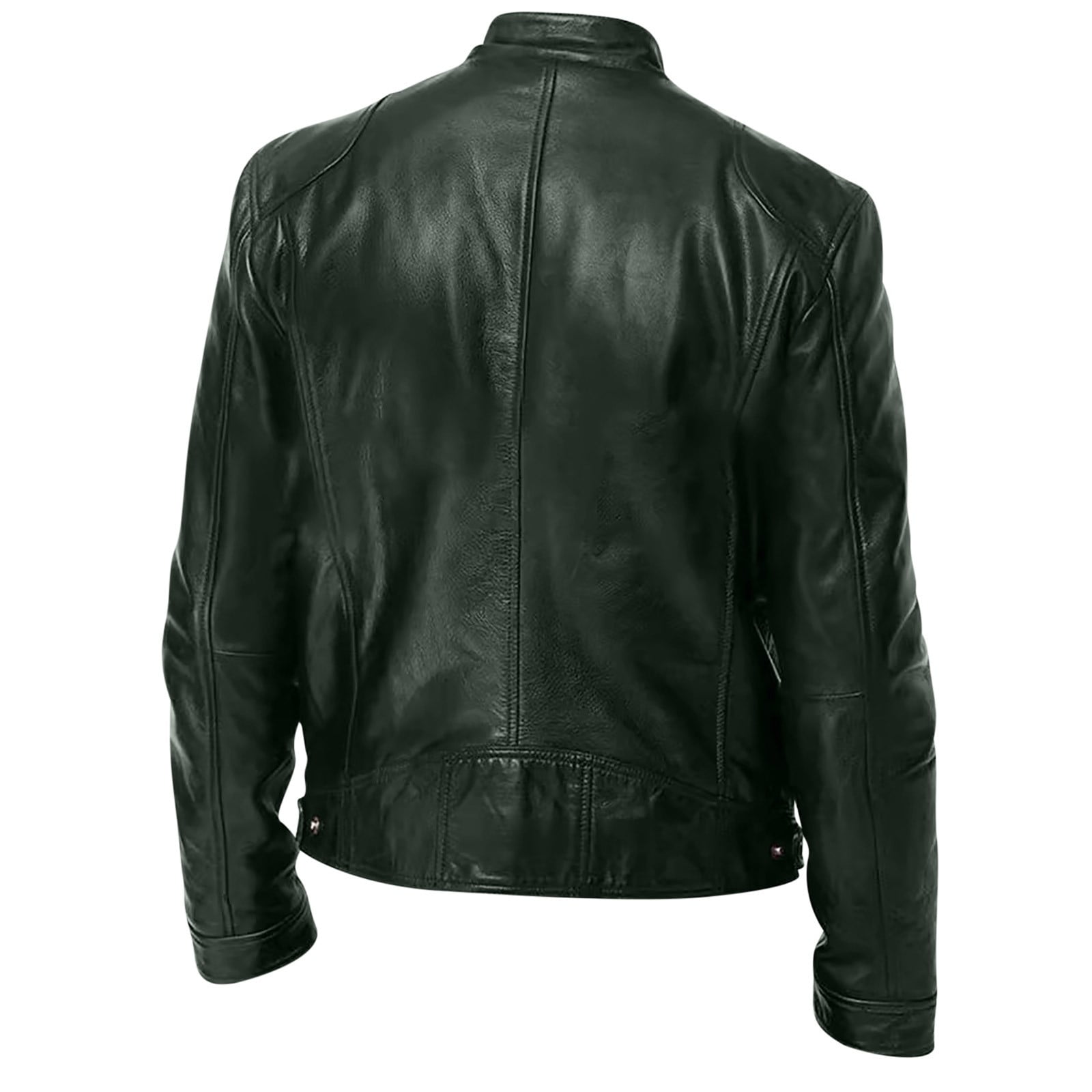 Jackets for Men Casual Lightweight Long Sleeve Leather Jacket Fall Winter Zip Up Coat with Pockets, Green, 2XL