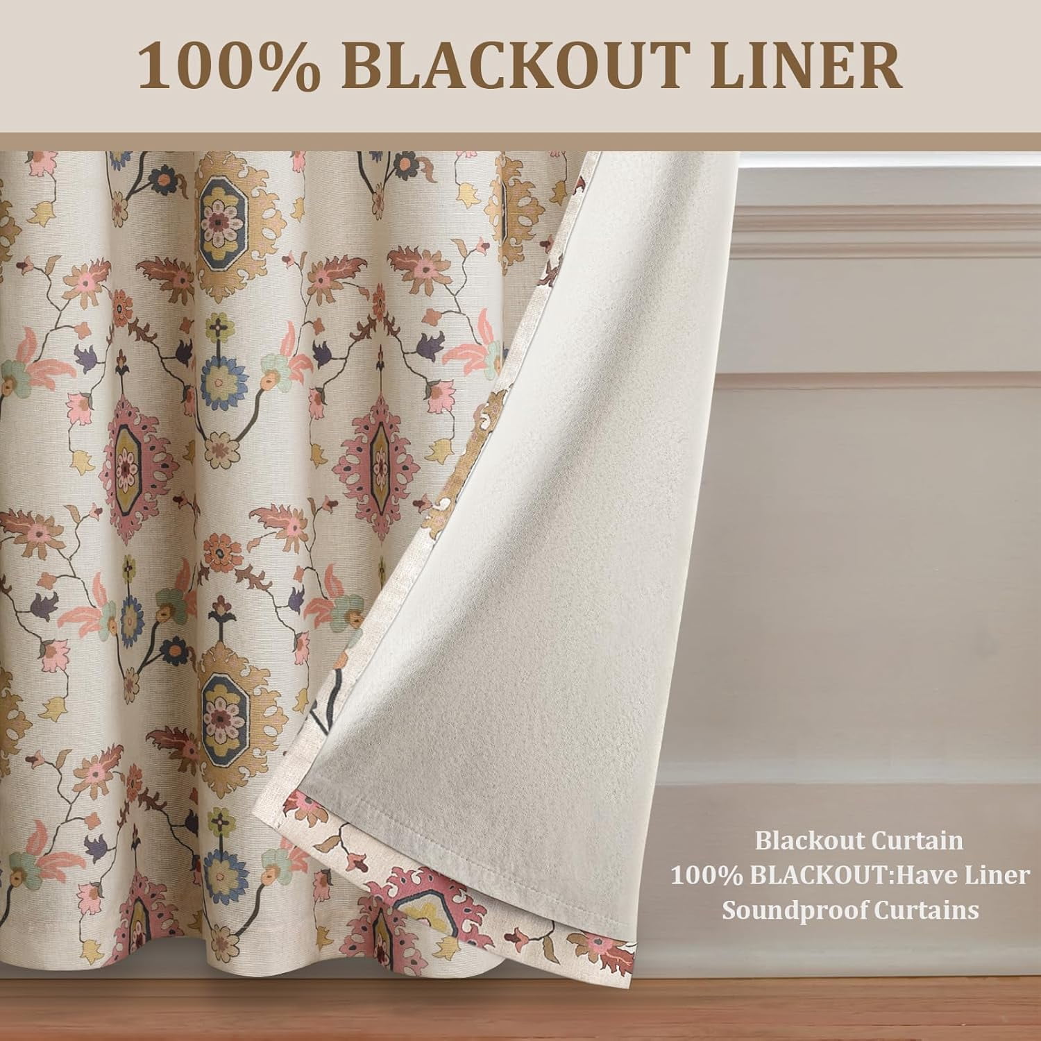 Boho Blackout Curtains Beige Window Treatment Drape 63 Inch Floral Printed Vintage Curtains for Living Room Bedroom with Grommet 1 Panel 52" W x 63" L
