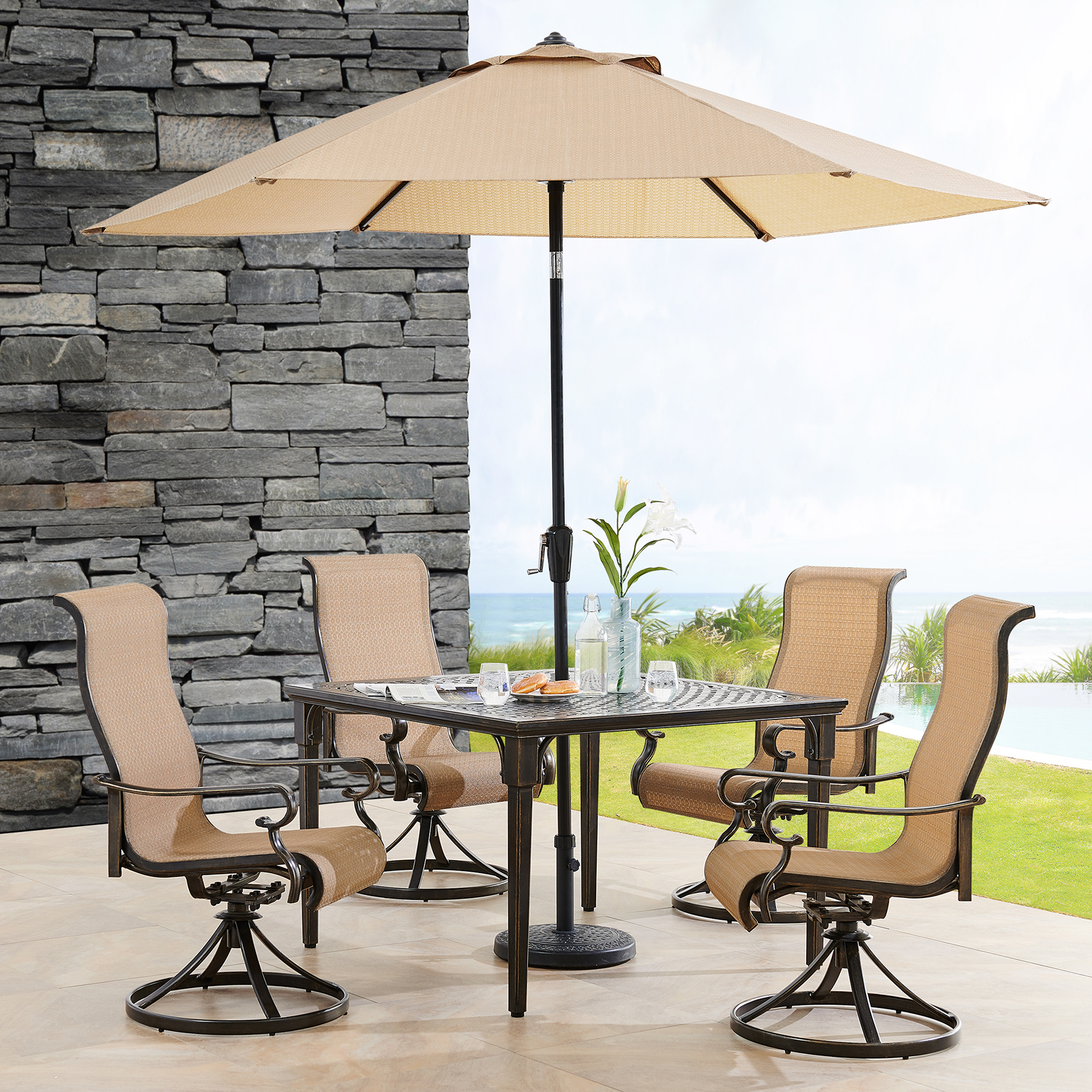 Hanover Brigantine 5-Piece Modern Outdoor Dining Set with 9 Ft. Umbrella | 4 Contoured Swivel Rocker Chairs | 42'' Square Cast-Top Table | Weather, Rust, UV Resistant | Tan/Bronze | BRIGDN5PCSWSQ-SU - image 2 of 10