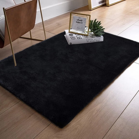 iLieber Faux Rabbit Soft Fluffy Fur 2x3 Black Area Rug,Washable Rugs Bedside Rug Plush Rug Nursery Rug for Living Room Bedroom Teen Room