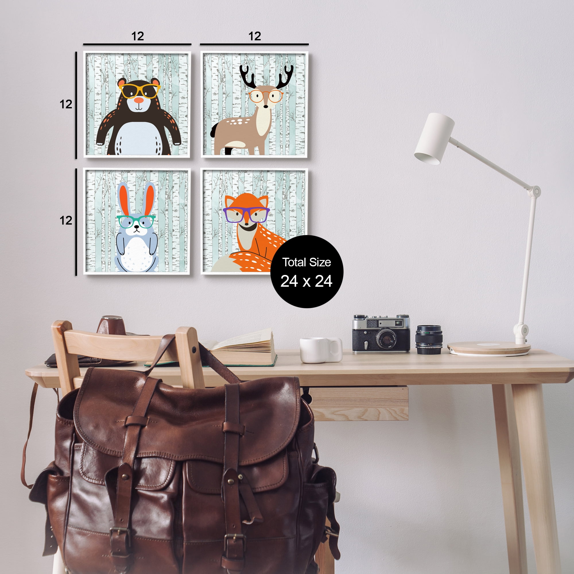 Stupell Industries Woodland Animals in Glasses Animals & Insects Painting White Framed Art Print Wall Art, 12 x 12, Set of 4