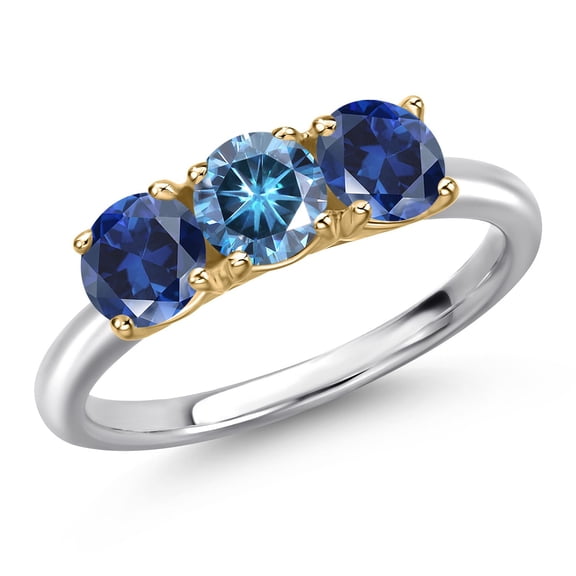 Gem Stone King 925 Silver and 10K Yellow Gold Persian Blue Moissanite and Blue Created Sapphire Engagement Ring for Women | 1.70 Cttw | Round 5MM | Gemstone Birthstone | Size 9