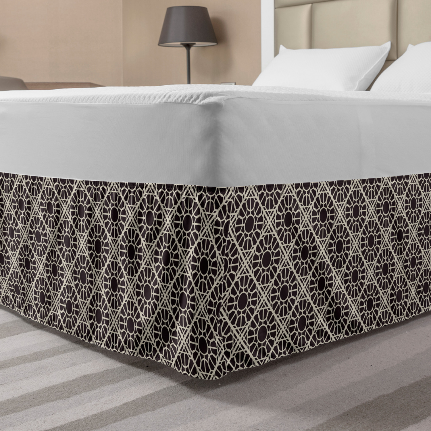 Lacy Dust Ruffle Ethnic Bed Skirt, Traditional Arabian Lacy Style Geometric Circles in ...