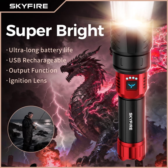SKYFIRE 2026 upgraded version of the LED rechargeable flashlight, with a battery life of 17 hours and adjustable high lumen in 4 modes.