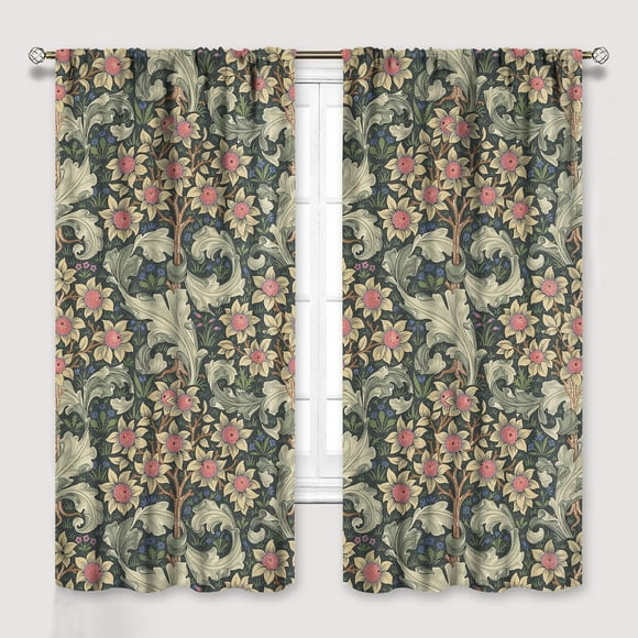 William Morris Floral Curtains, Watercolor Vintage Flower Art Style Room Windows Treatments for Bedroom Living Room, Boho Chic Green Floral Printed Drapes 2 Panel Sets,52x84 Inch