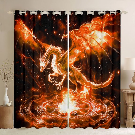 Homewish Cartoon Animal Dragon Blackout Curtains Set of 2 (52x84 Each),Western Fantasy Window Curtains,Orange Black Curtains and Drapes For Boys Kids,Super Cozy Room Decor