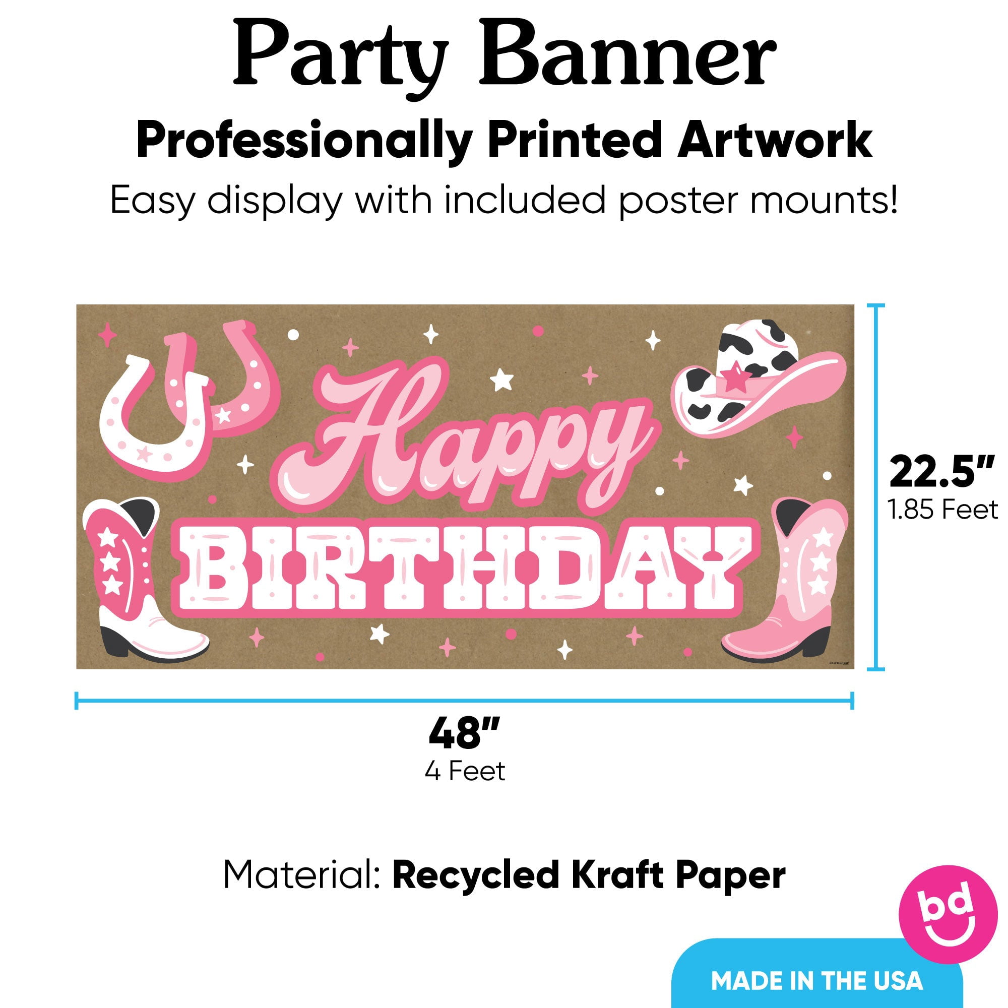 Big Dot of Happiness Rodeo Cowgirl Birthday Kraft Paper Banner, Pink Western Happy Birthday Party Banner, Printed Brown Paper Party Sign Decoration – 1 Count