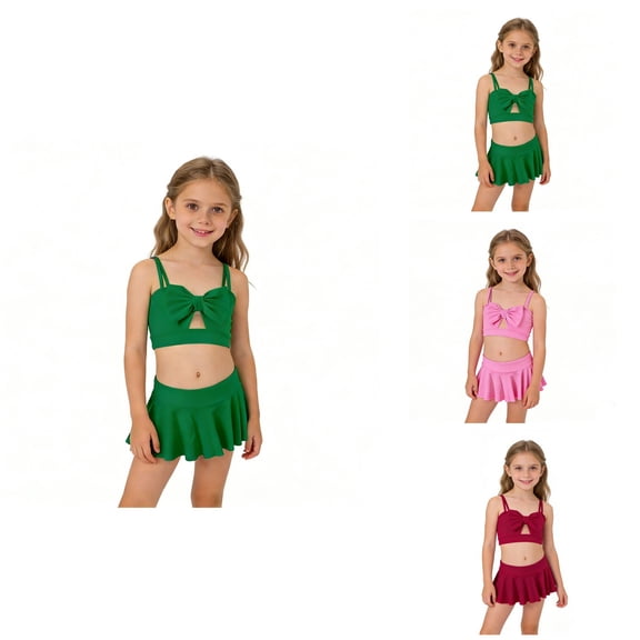 Girls 2-Piece Flounce Skirt Bikini with Bow & Adjustable Straps – Colorful & Solid Matching Swimwear for Kids Ages 2-12
