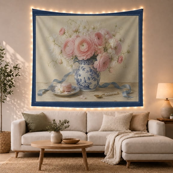 Porcelain Pitcher with Floral Bouquet Still Life, Romantic Vintage for Home Decor Enthusiasts, Framed Vintage Art, Anniversary Gift, Tapestry Wall Hanging for Home Library and Study Room