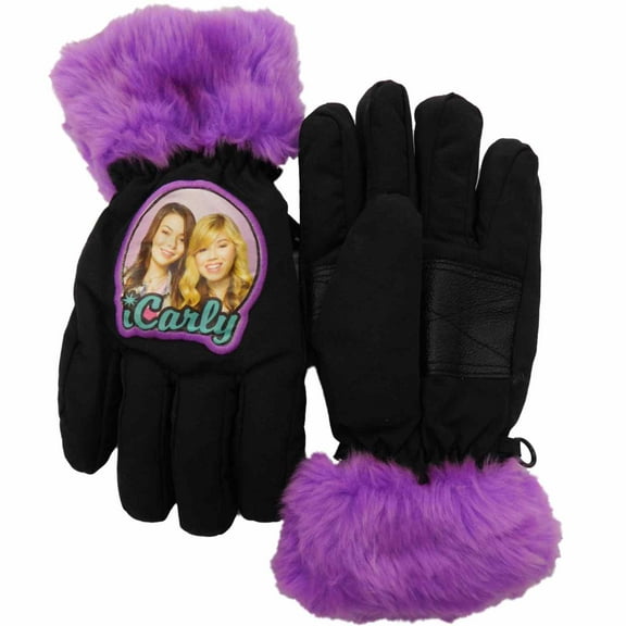 Girls Navy Blue ICarley Gloves Lined With Fleece & Fuzzy Purple Cuffs