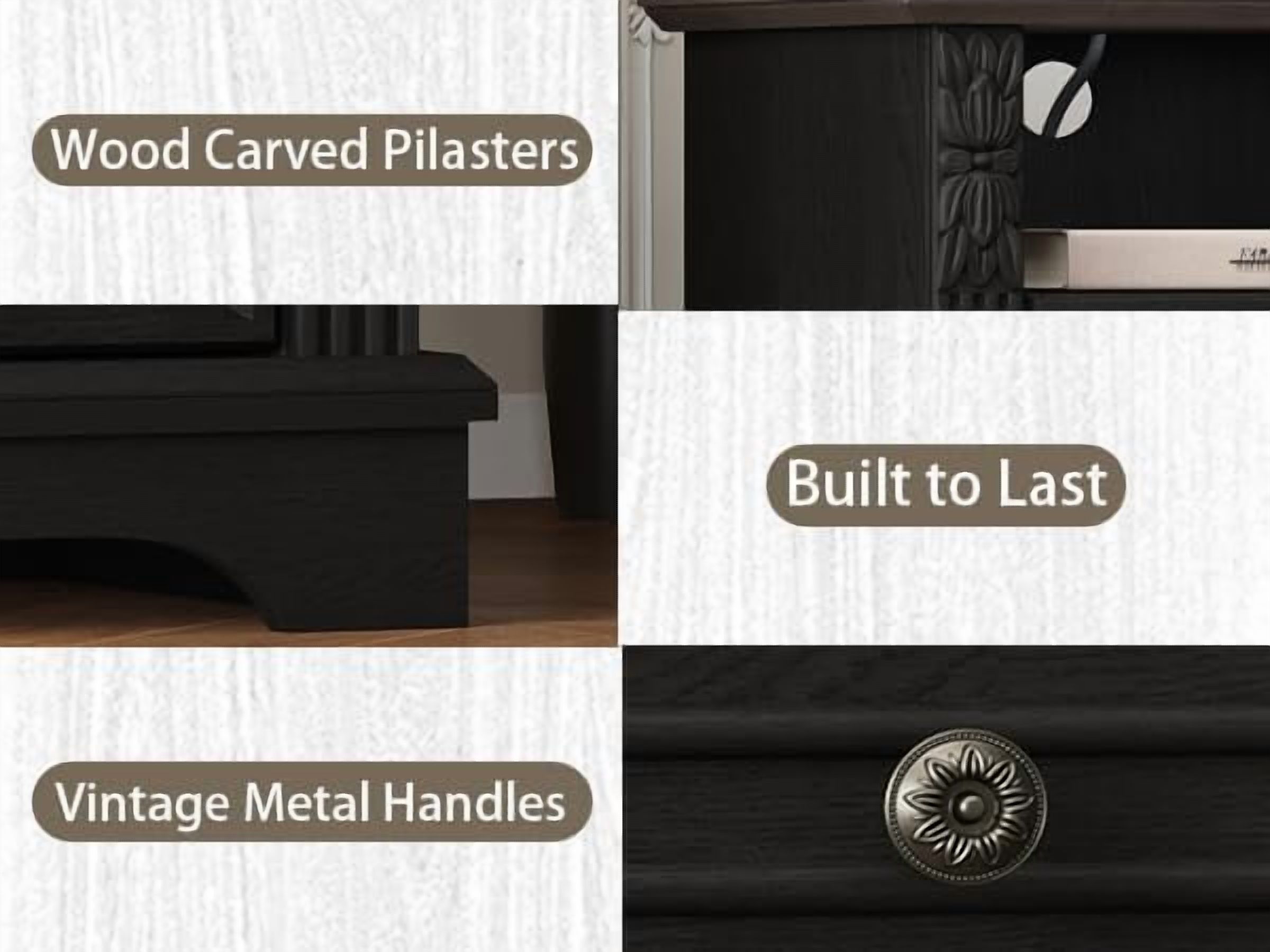 BOSHIRO Farmhouse Nightstand with Charging Station, Black & Brown Bedside End Table with Carved Pilasters, 2 Drawers and Open Shelf for Bedroom