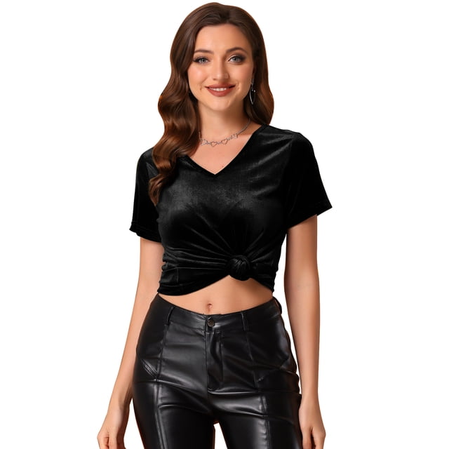 Camiseta casual de manga corta Allegra K con cuello en V y parte superior de terciopelo Negro L